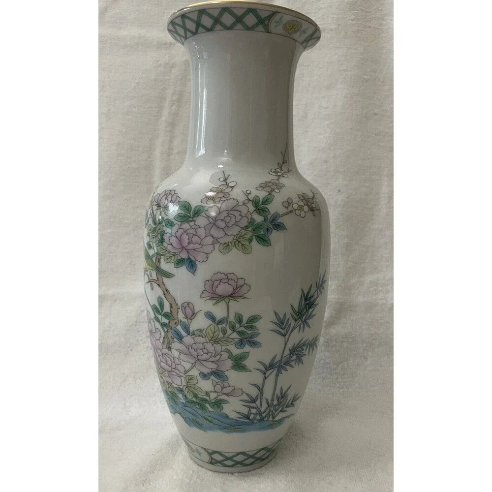 Enesco Vintage 1983 Japan Gold Trimmed Base 10” Green Pink Flowers Birds Blossom